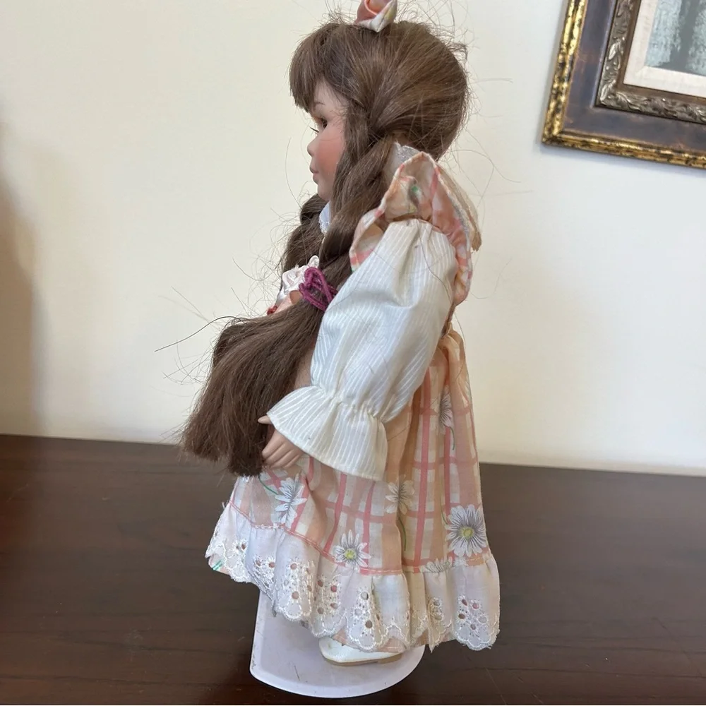 Plaid Dress Porcelain Doll with Bow